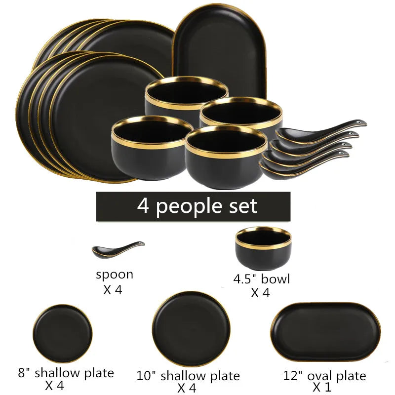 Gilt Rim Black Porcelain Dinner Set