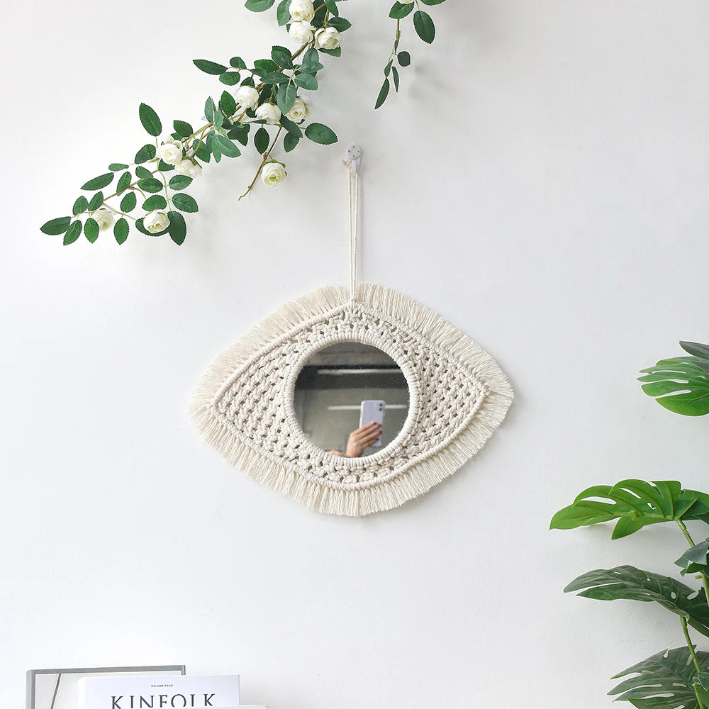 Hanging Wall Decorative Mirror With Macrame Fringe