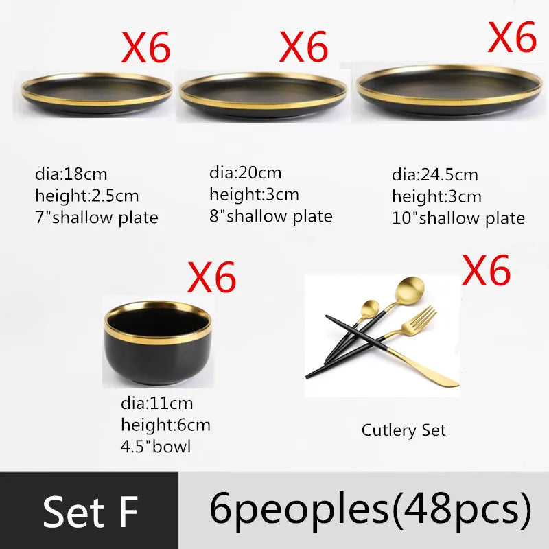 Gilt Rim Black Porcelain Dinner Set