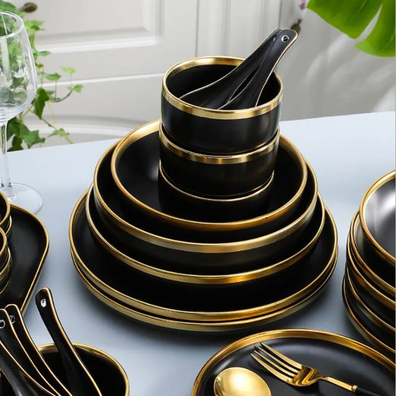 Gilt Rim Black Porcelain Dinner Set