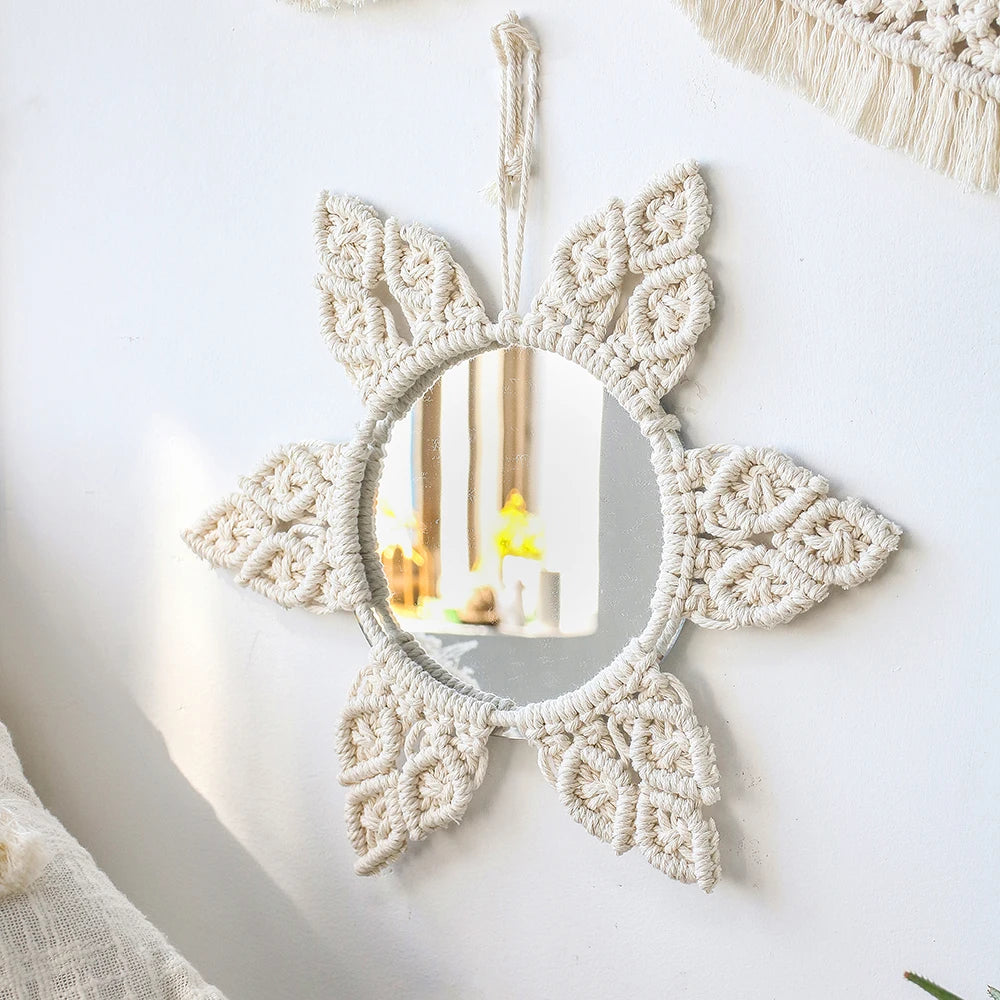 Hanging Wall Decorative Mirror With Macrame Fringe